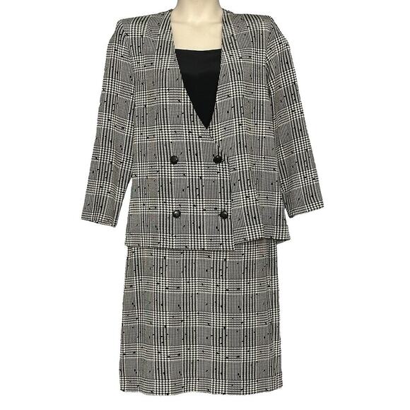 VTG 80s ACT II Women Suit 12 Ivory Houndstooth Check Plaid Power Classic Office - Picture 1 of 15